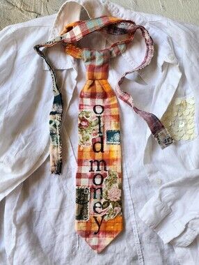Shabby Chic Tie Jabot boho Necklace Upcycled Cottage Patched Artisan Bowtie